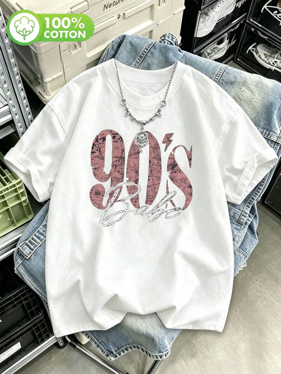 女款大尺碼 90 年代復古印花 T 恤-休閒短袖水洗上衣,大號復古字母圖案-100% 純棉-四季皆宜 - 白色 - 查看 1