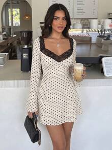 Polka Dot Dress, Elegant Party Dresses Women, Birthday Dress, Ruffle Dress, V-Neck Contrast Lace, Long Flare Sleeve, Slim Mini Dress, Fall/Winter - White - View 5