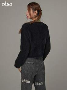 Áo khoác cardigan ngắn len lông màu trơn tay dài CHUU cho nữ, mùa Thu/Đông - màu đen - Xem 5