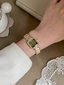 1pc Gold Square Women's Quartz Watch, Green Dial, Rhinestone Bezel, Folding Clasp Strap, Suitable For Daily Wear - Gold - View 4