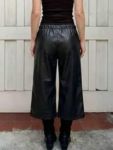 SCARLUX Women's Y2K Black Faux Leather Wide Leg Cropped Pants, Drawstring Elastic Waist, Suitable For Back To School Season Daily Streetwear - Black - View 9