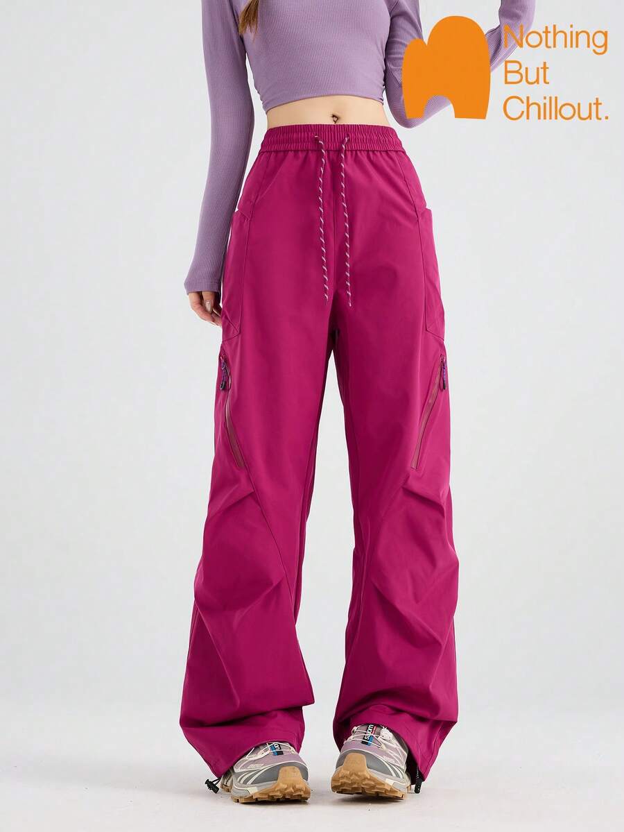 NBCT New Women's Outdoor Pants, Elastic Waist Drawstring Solid Color Hiking Trekking Commuting Casual Long Pants - Hot Pink - View 1