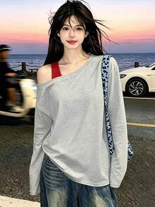 Women's Asymmetrical Shoulder Long Sleeve Top, Contrast Color 2 In 1 Design, Slim Fit Light Gray Base Layer Casual - Light Grey - View 1