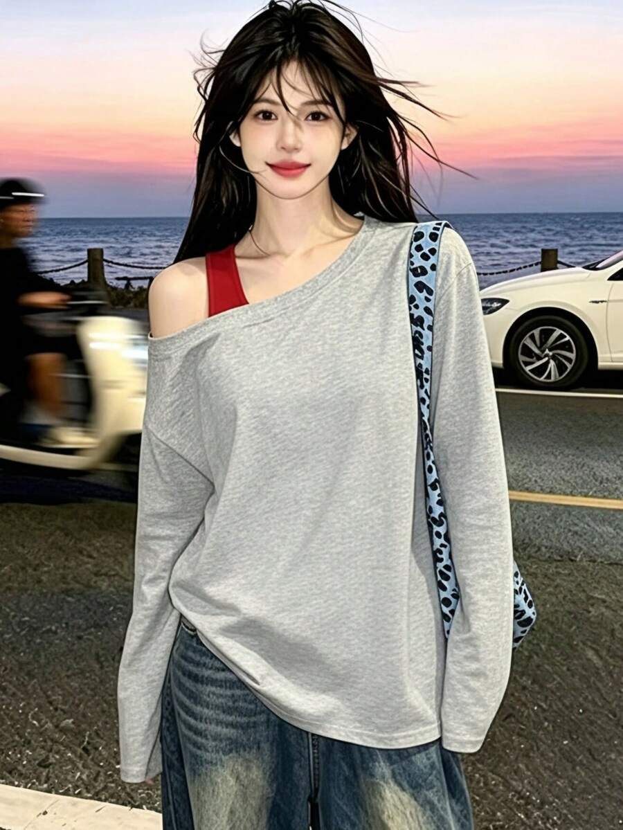 Women's Asymmetrical Shoulder Long Sleeve Top, Contrast Color 2 In 1 Design, Slim Fit Light Gray Base Layer Casual - Light Grey - View 1