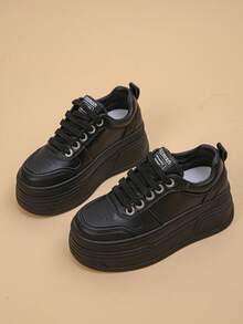 Women's Wedge Heel Thick Sole Sports Shoes Solid Color Casual Shoes - Black - View 6