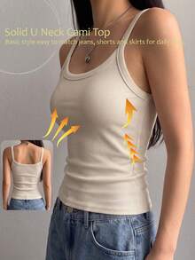 1pc Solid Color Ribbed U-Neck Spaghetti Strap Tank Top, Women's Casual Sleeveless Slim Fit Basic Camisole For Daily Wear - Apricot - View 1