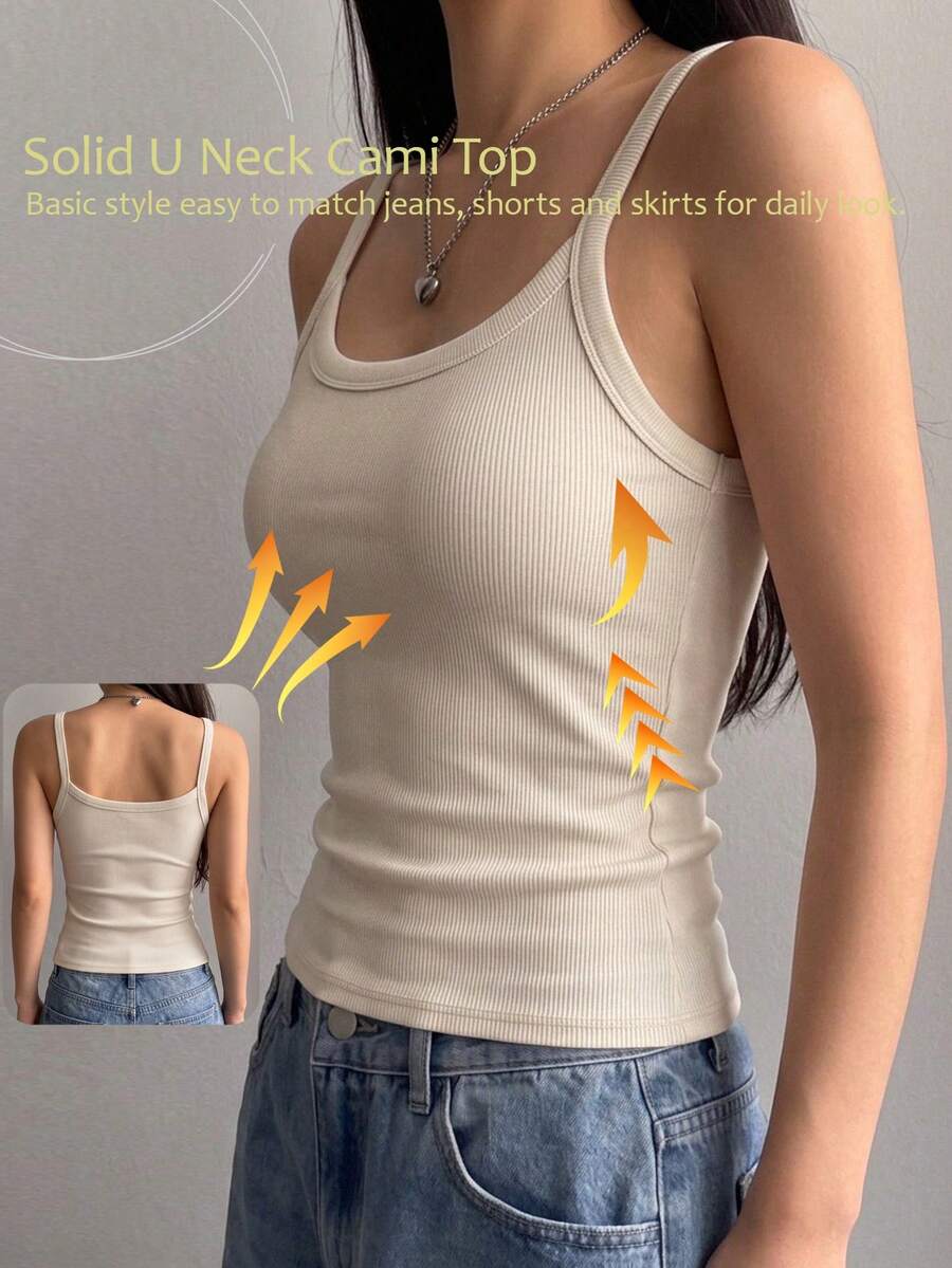 1pc Solid Color Ribbed U-Neck Spaghetti Strap Tank Top, Women's Casual Sleeveless Slim Fit Basic Camisole For Daily Wear - Apricot - View 1