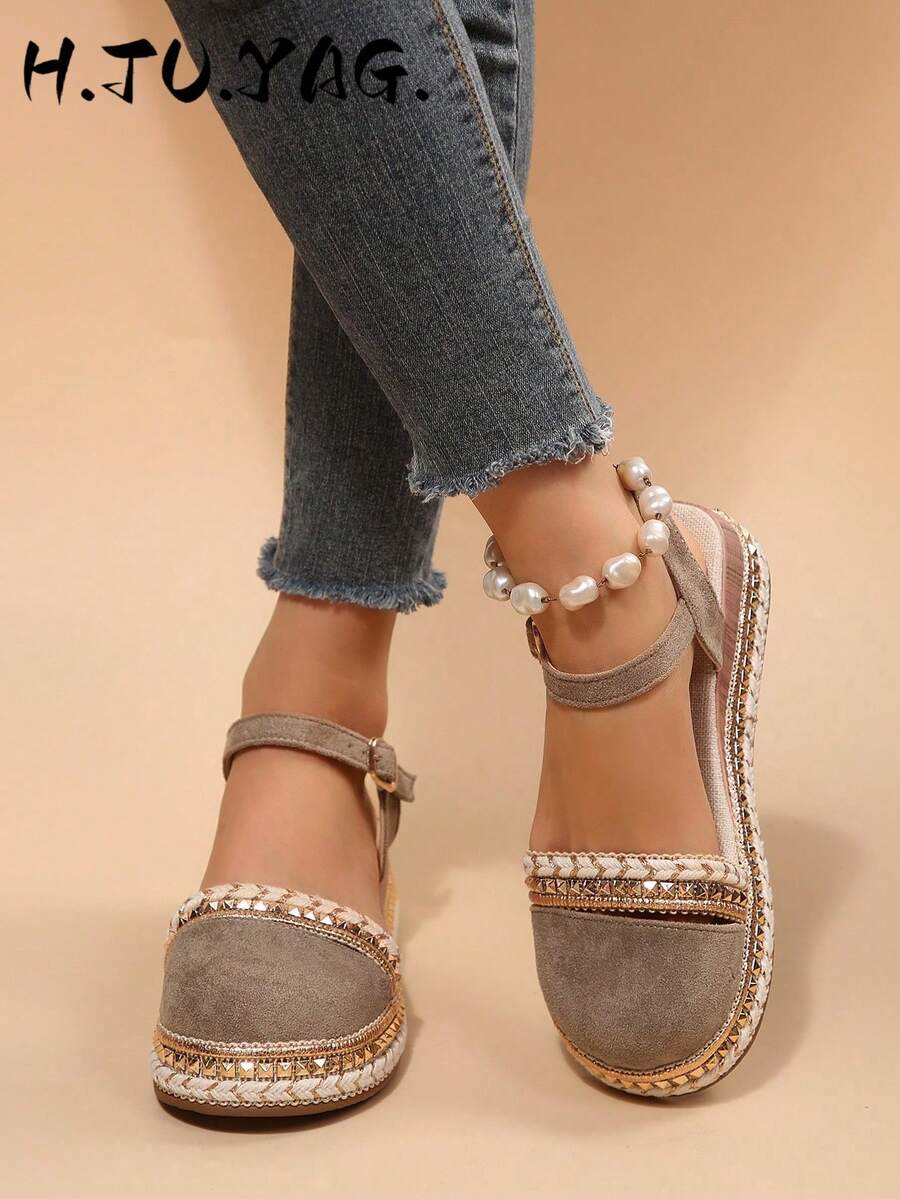 Bohemian Woven Closed-Toe Sandals For Women, Vintage Rivet Hemp Rope Thick Sole Back Buckle Casual Beach Shoes