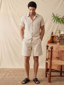 glestore Men's Retro-Inspired Casual "Old Money" Shirt Set, Crafted From Textured Fabric-A Stylish Vacation Outfit And A Versatile Wardrobe Staple - Beige - View 5