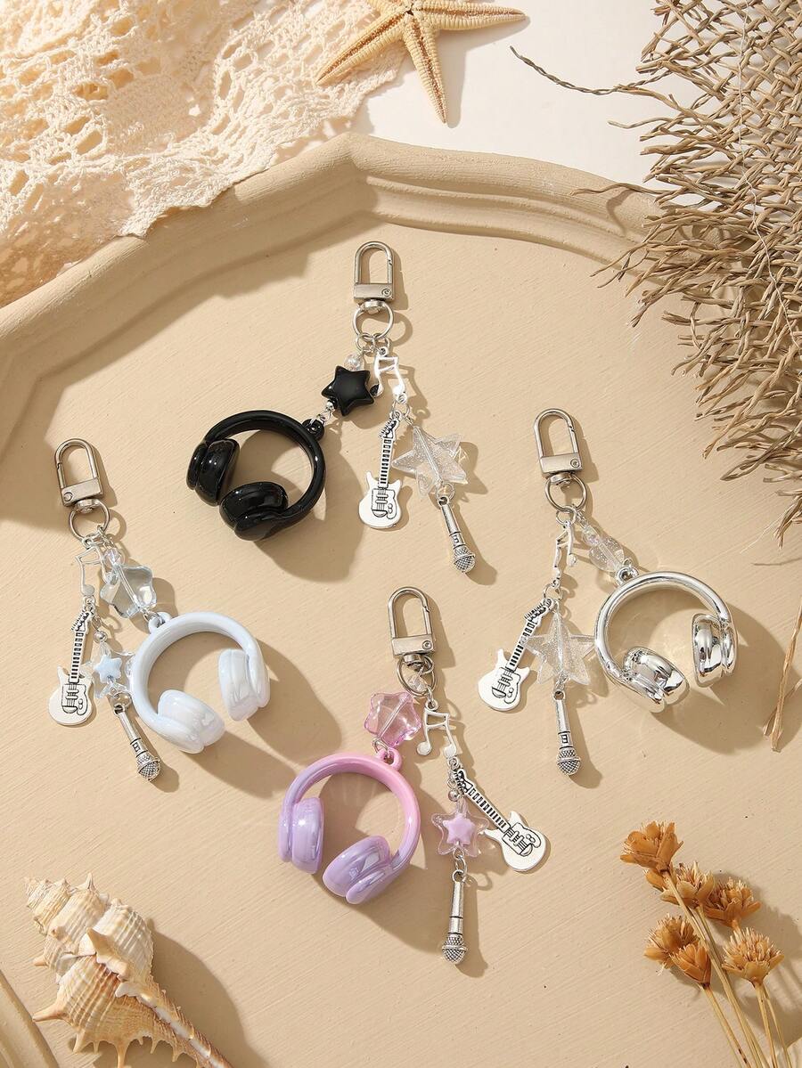 1pc Cute Music‑Themed Keychain, Mini Headset Guitar Microphone Star Charms, Preppy Bag Hanging Pendant, Backpack Accessories For Girls Boys Students - Multicolor - View 1