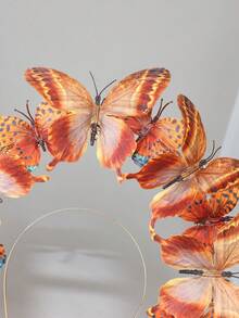 1pc Fairycore Orange Butterfly Floral Flower Crown 3D Monarch Butterfly Headband Woodland Fairy Cosplay Prom Party Hair Props - Coral Orange - View 6
