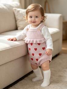 Romper Rajut Bayi Perempuan Motif Hati Merah Muda dengan Hiasan Rumbai dan Ruffle - Baby Pink - View 1