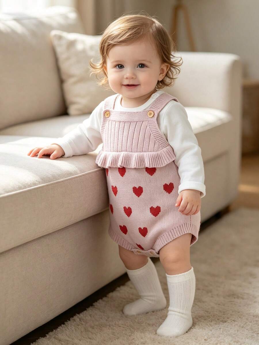 Romper Rajut Bayi Perempuan Motif Hati Merah Muda dengan Hiasan Rumbai dan Ruffle - Baby Pink - View 1