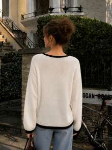Women's Fall Winter White Knit Top Boat Neck Long Sleeve Drop Shoulder Semi-Sheer Sweater For Daily Wear - White - View 3