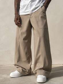 Khaki Contrast Stitch Wide Leg Casual Pants, 3D Stitching Loose Drape Long Pants For Men - Khaki - View 1