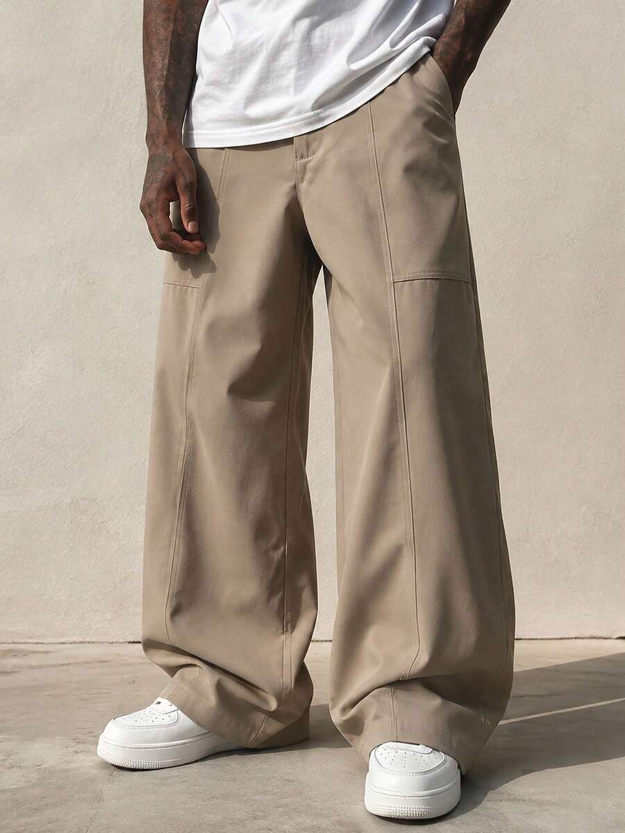 Khaki Contrast Stitch Wide Leg Casual Pants, 3D Stitching Loose Drape Long Pants For Men - Khaki - View 1