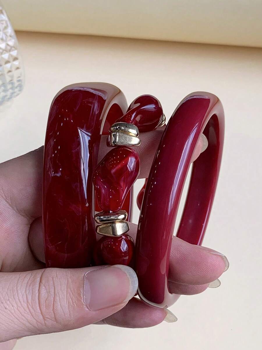 3件組時尚復古波希米亞風厚款多層酒紅色壓克力手環，女款情侶派對日常配戴，奢華高端