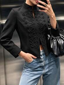 Autumn/Winter Solid Color Metal Button Stand Collar Long Sleeve Cropped Slim Fit Military Style Jacket, Urban Commute Street Style Afternoon Tea Outerwear, Black - Black - View 6