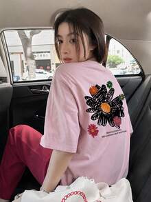 Women's Loose Fit Round Neck Short Sleeve Letter & Floral Print T-Shirt, Spring/Summer Casual Pink - Pink - View 2