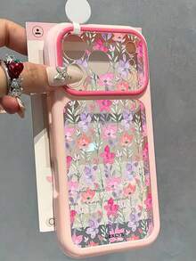 Casing HP Jendela Besar Dopamine Motif Bunga Cat Air Warna Blok Daun Hijau Bunga Merah Muda Ungu, Kompatibel dengan iPhone 18 Pro Max 18 Pro 17 Pro Max 17 Pro 16 Pro Max 15 Pro Max 14 Pro Max, Cangkang Lunak Transparan Tahan Guncangan - Batas merah muda - View 2