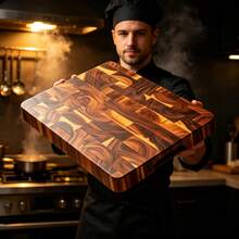 End Grain Solid Wood Cutting Board, Heavy Duty Kitchen Chopping Board, Integrated Serving And Prep Board, With Transparent Non-Slip Silicone Pad, With Grooved Handle Solid Wood Kitchen Cutting Board, Suitable For Meat, Cheese, Bread Prep And Serving - Multicolor - View 3