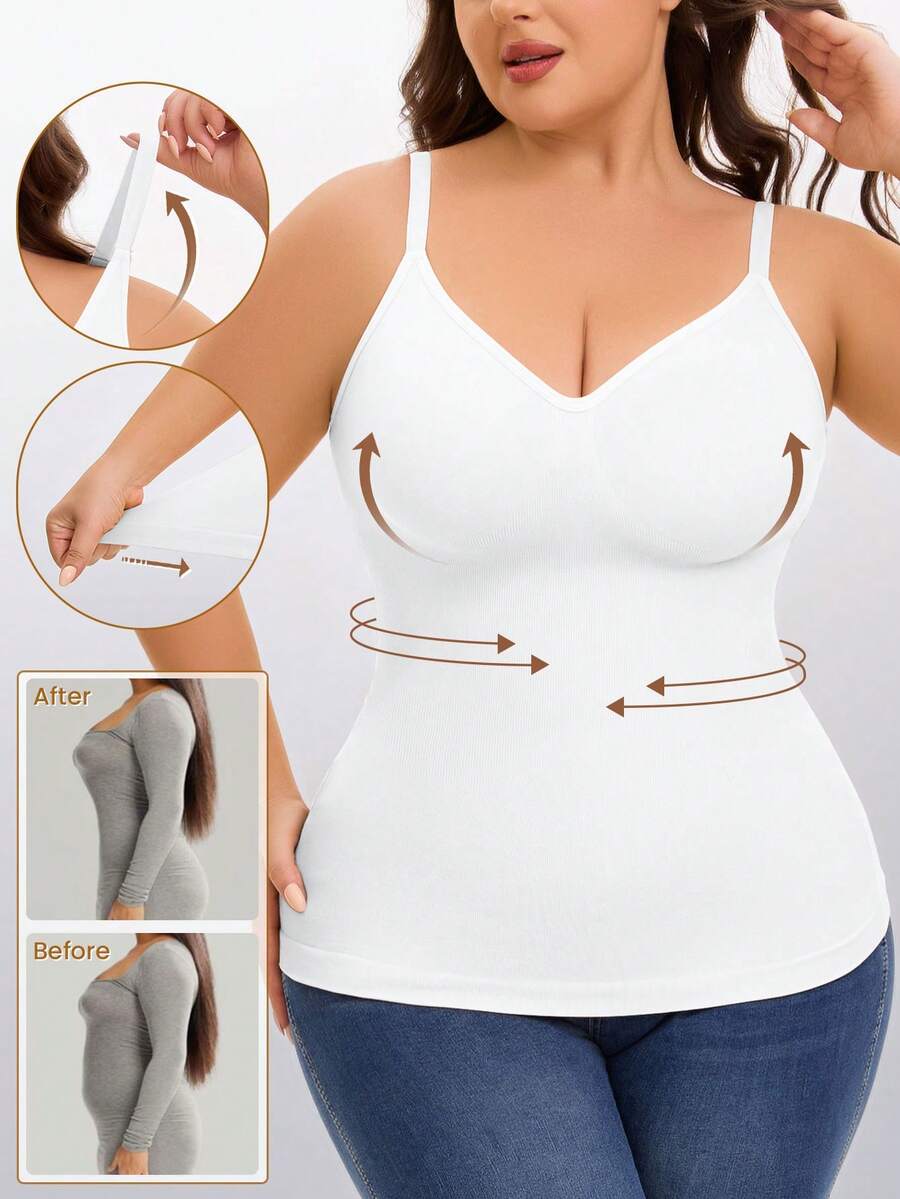 1pc Women Plus Size Solid Color Wireless Adjustable Strap Camisole Undershirt - White - View 1