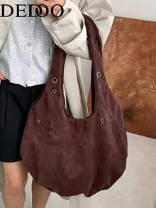 Dedoo 咖啡色麂皮 Hobo 肩背包，金屬孔眼鉚釘大容量復古休閒女包，適合秋冬通勤旅行 - 咖啡 - 查看 3