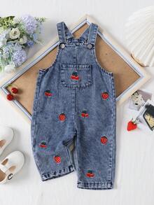 1pc Baby Girl Cute Casual Cherry & Strawberry Fruit Pattern Romper Long Pants, Autumn - Blue - View 1