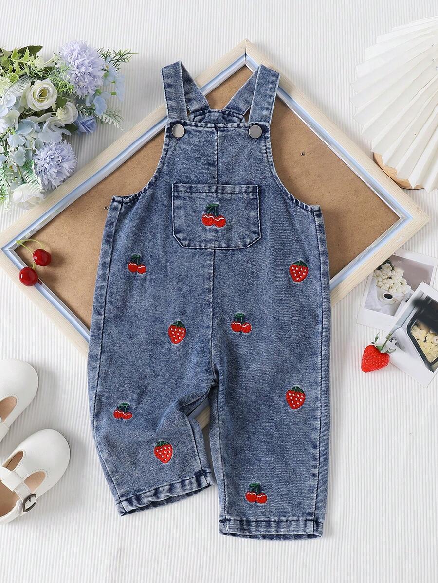 1pc Baby Girl Cute Casual Cherry & Strawberry Fruit Pattern Romper Long Pants, Autumn - Blue - View 1