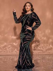 Luxury Plus Size Long Sleeve Boat Neck Sexy Open Back Black Sequin Geometric Pattern Patchwork Mermaid Evening Party Gown - Multicolor - View 1