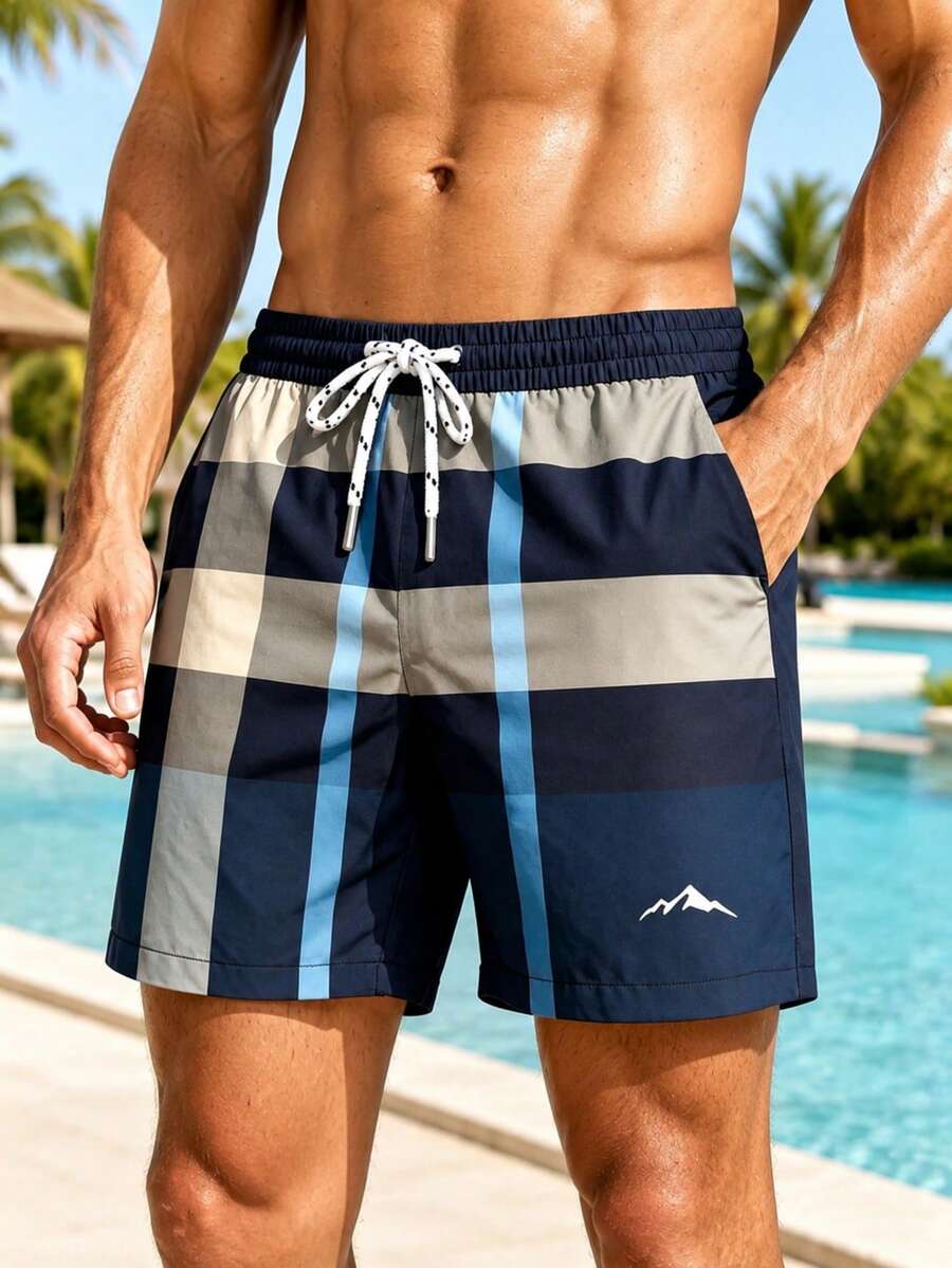 Pantalones cortos casuales de playa para vacaciones para hombre con estampado de cuadros y bloques de color, cordón ajustable, bolsillo diagonal y forro de malla - Multicolor - Ver 1