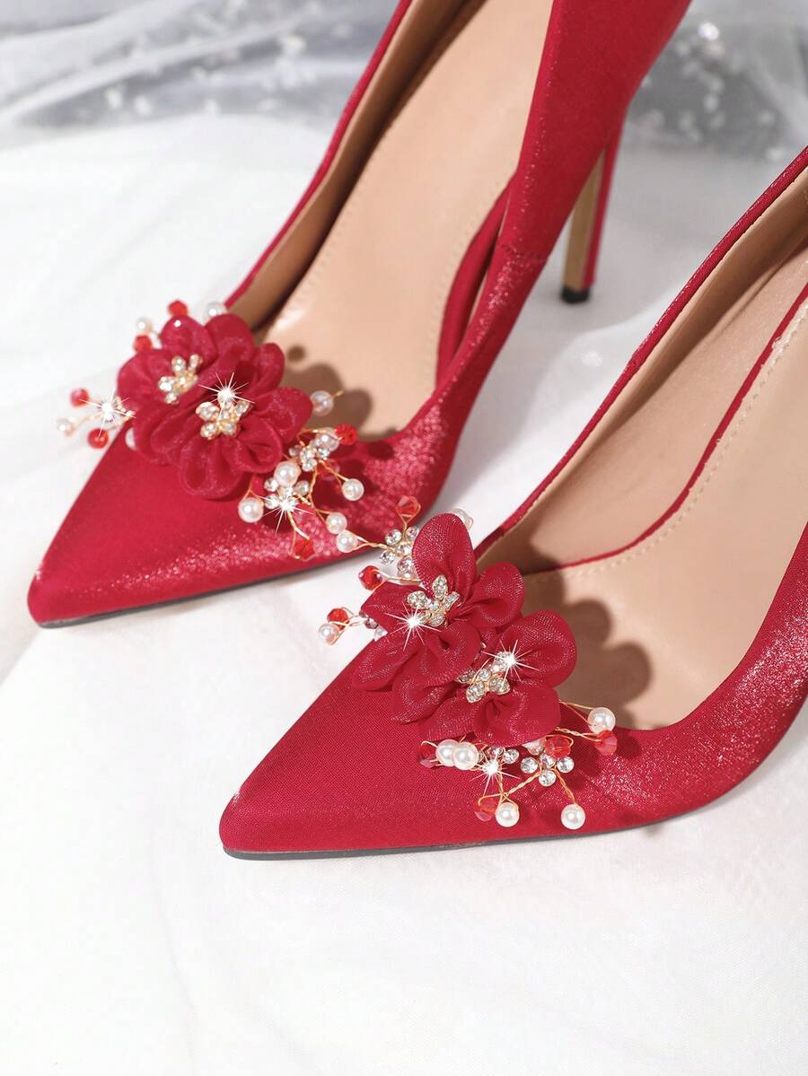 2pcs Detachable DIY Shoe Accessories, 3D Mesh Flower Shoe Decor, Pearl Rhinestone Shoe Buckle, Old Shoe Transformation, Wedding Banquet High Heel Shoe Accessories - Burgundy - View 1