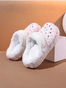 1 Pair Girls' Comfortable Fashion Thermal Lined Warm Bowknot Print Clogs, Suitable For Autumn/Winter - White - View 2