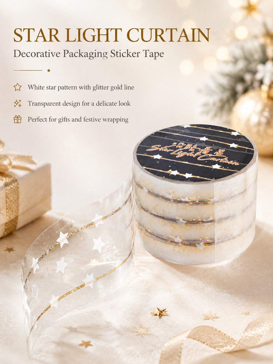 1pc Christmas Star Gift Packaging Sticker Tape, Transparent Decorative Packaging Seal Sticker, Holiday Gift Box Bag Seal Label, Suitable For Gifts, Party Favors, Envelopes DIY Gift Decoration Supplies - Multicolor - View 1