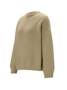 Sweater Rajut Tebal Leher Bulat Wanita, Pullover Pendek Longgar Lengan Panjang Bahu Jatuh, Atasan Rajut Warna Polos untuk Perjalanan Sehari-hari Musim Gugur/Dingin - Hijau - View 5