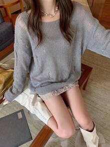 Sweater Pullover Lengan Panjang Leher Bulat Longgar Gaya Korea Terbaru untuk Musim Gugur, dengan Detail Sobek dan Tampilan Santai, Pakaian Musim Gugur Wanita - Grey - View 3