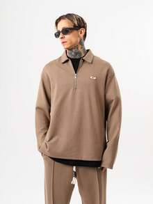 Men's Relaxed Fit Solid Color Half Zip Sweatshirt With Logo Detail - Camel - View 3