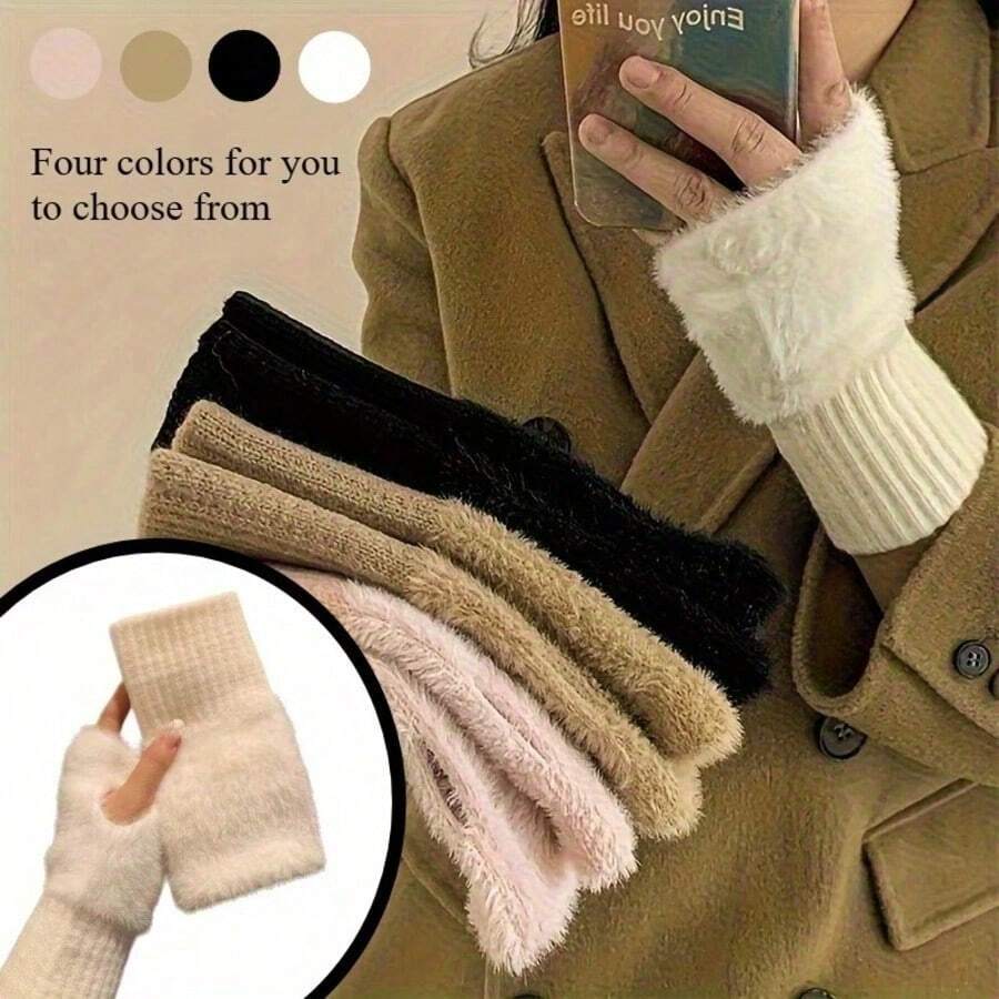 1 Pair Ins Style Open-Finger Plush Gloves, Autumn/Winter Multi-Function Windproof Gloves, Suitable For Office And Study, Unisex Multi-Color Options, Cold Weather Gear, Soft Plush Touchscreen Gloves