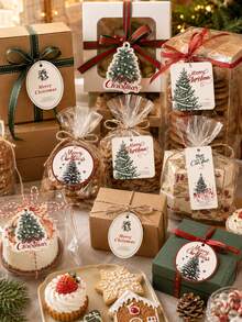 1 Set Label Kemasan Makanan Natal Vintage, Berbagai Bentuk Pohon & Bulat, Cocok Untuk Kotak Kue, Kantong Kue Kering, Pembungkus Kado, Dekorasi Pesta - MultiWarna - View 5
