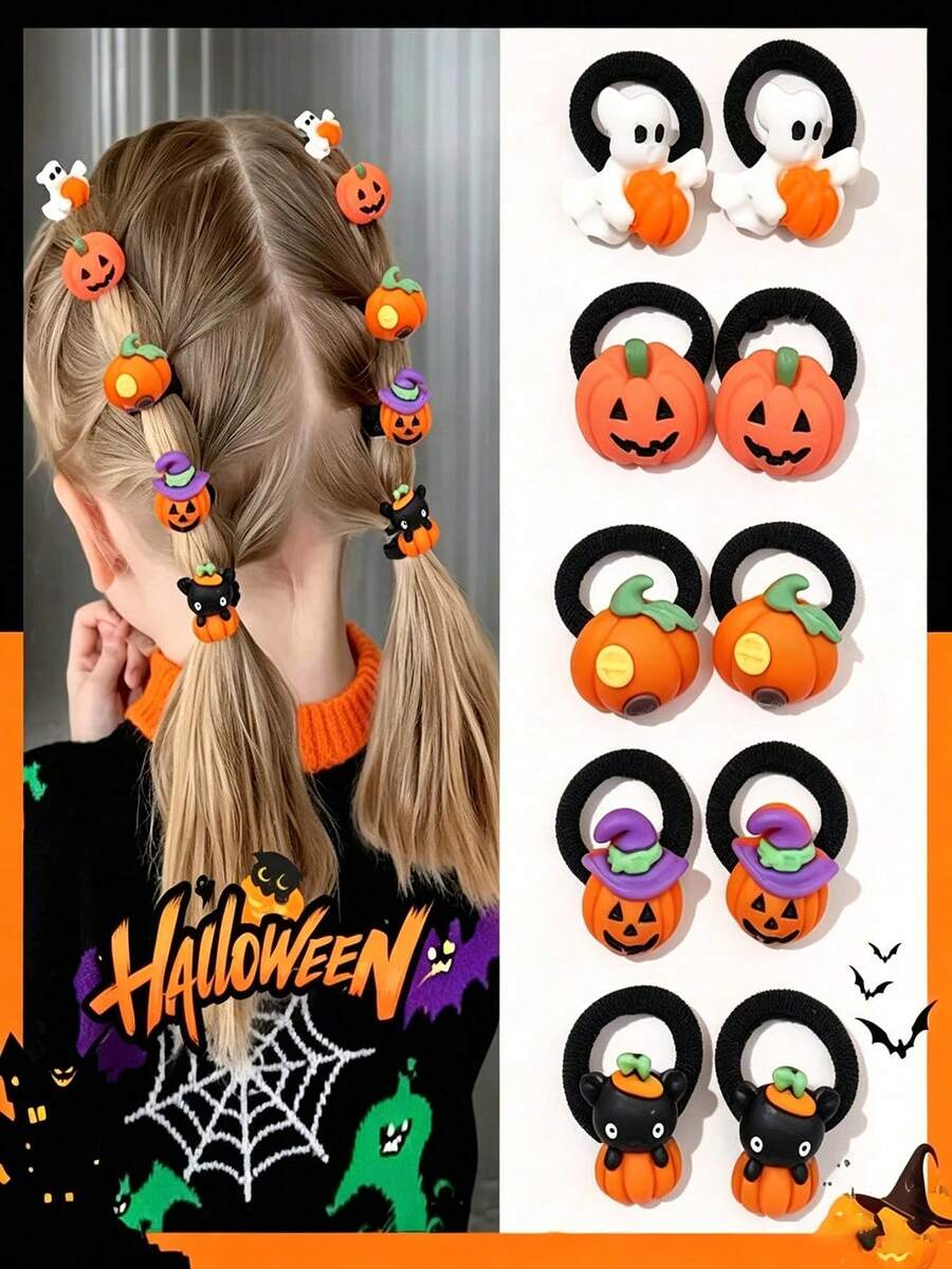 10pcs Cute Halloween Pumpkin & Ghost Hair Ties Elastic Bands Hair Tie Set - Multicolor - View 1