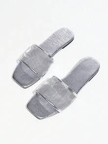 1 Pair Solid Color Fashion Hollow Silver Flat Sandals, Vacation Autumn/Winter Casual Comfortable Slip-On - Silver - View 5