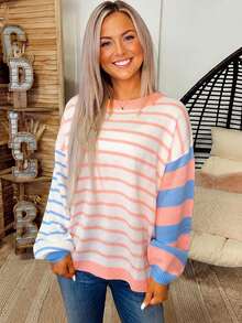 Acelitt Multicolor Striped & Colorblock Patchwork Design Simple Casual Pullover Sweater,Long Sleeve Tops Pink - Pink - View 1