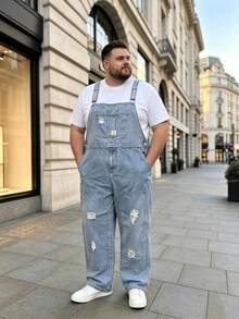 Men's Denim Dungarees Light Wash Distressed Plus Size Overalls - Navy Blue - View 3