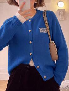 Women's Autumn/Winter Casual Minimalist Young Unique Button Round Neck Knit Cardigan Jacket - Blue - View 3