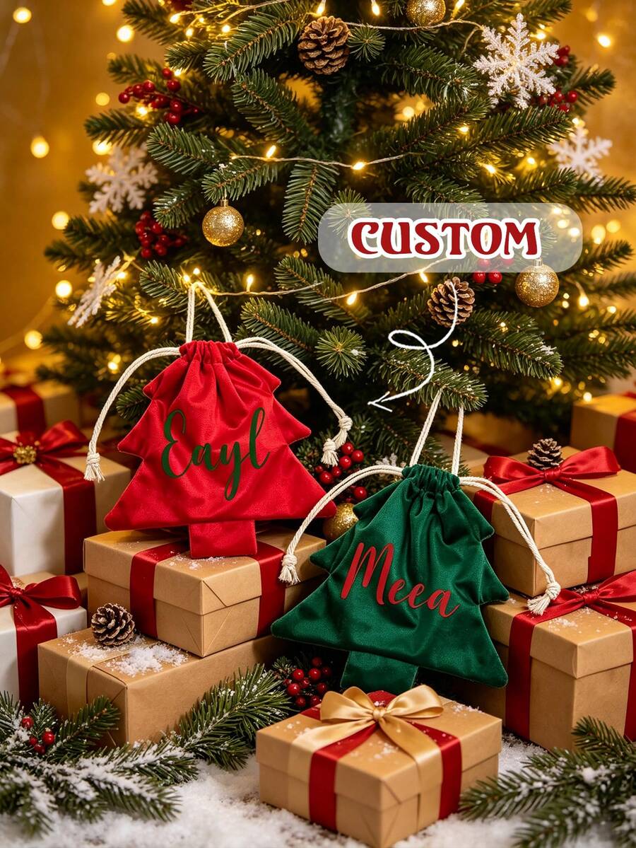 Personalized Christmas Gift Bag, Customized Name And Initial Drawstring Bag, Personalized Holiday Gift Bag, Customized Canvas Tote Bag, Christmas Gift Packaging, Holiday Party Decoration, Gift For Her, Gift For Him, Gift For Family And Friends - Multicolor - View 1
