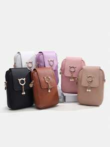 1pc Girls Cute Cat Pearl Pendant Phone Crossbody Bag, Multi-Color Vertical Small Bag, Lightweight Coin Purse Shoulder Bag - Plain Weave - View 1
