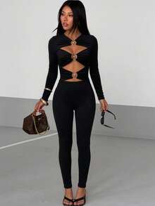 AiTyi Designer Metal Buckle Hollow Long Sleeve Fitted Jumpsuit, High Elasticity Slim Fit, Back To School Autumn Party Y2K Style - Black - View 5
