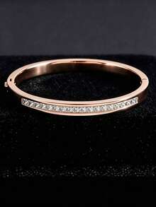 1pc Luxury Single‑Row Square Zirconia Thin Bangle, Stainless Steel Rose‑Gold Tone, Unisex Daily Wear Jewelry - Rose Gold - View 1