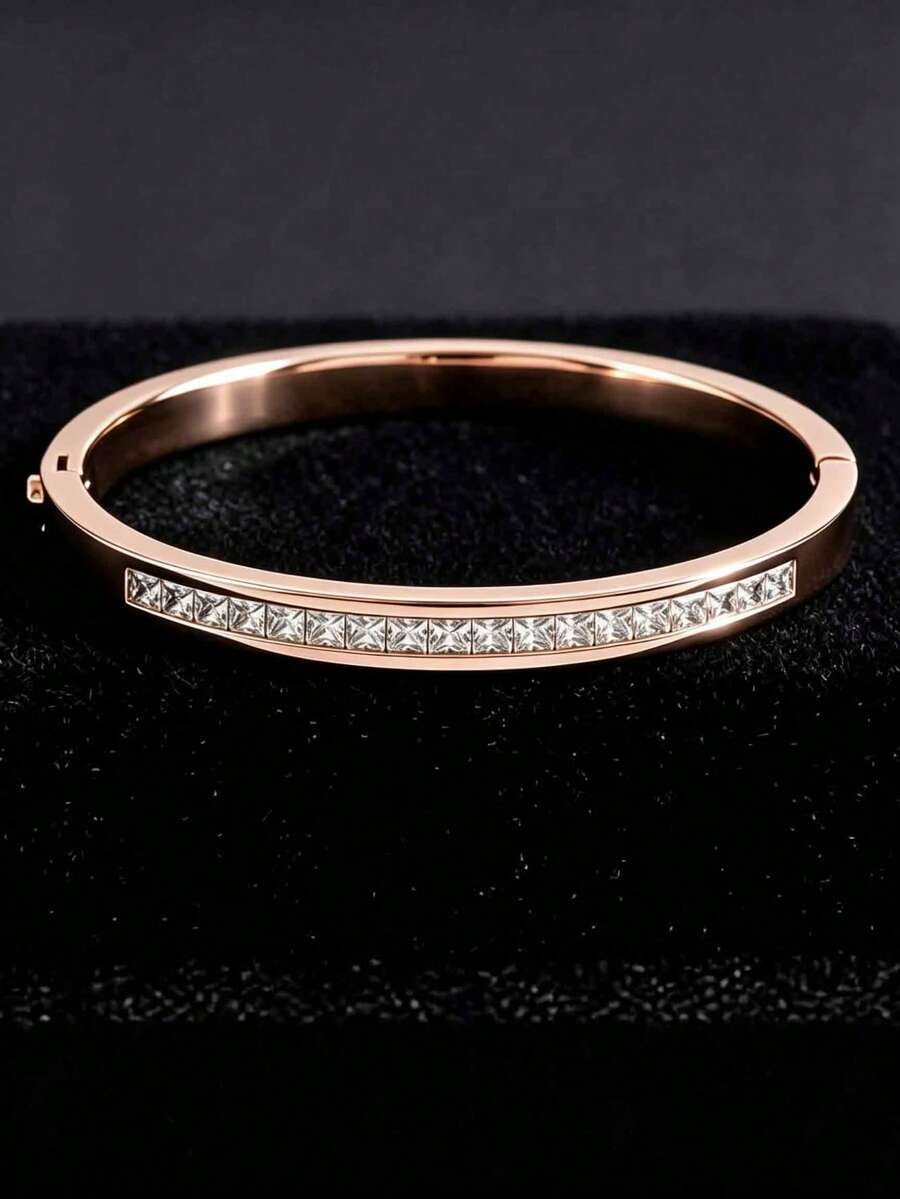 1pc Luxury Single‑Row Square Zirconia Thin Bangle, Stainless Steel Rose‑Gold Tone, Unisex Daily Wear Jewelry - Rose Gold - View 1