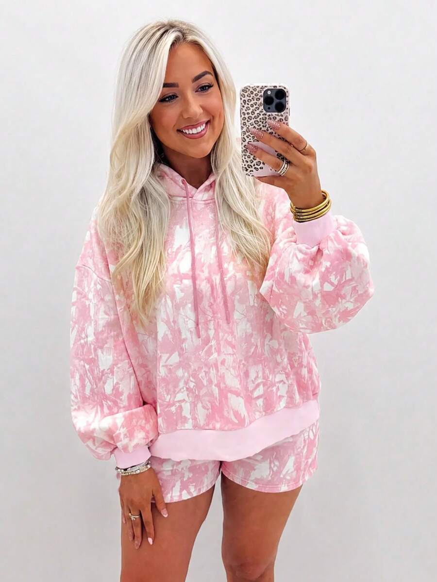 Acelitt Setelan Hoodie dan Celana Pendek Kasual Wanita Warna Pink & Putih Bermotif, Gaya Y2K, Setelan Dua Potong Rajutan Bergaris dengan Tali Serut, Cocok untuk Kencan & Jalan-jalan, Gaya Elegan - MultiWarna - View 1